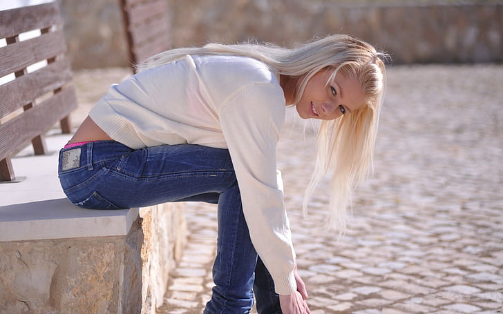 bent over in jeans